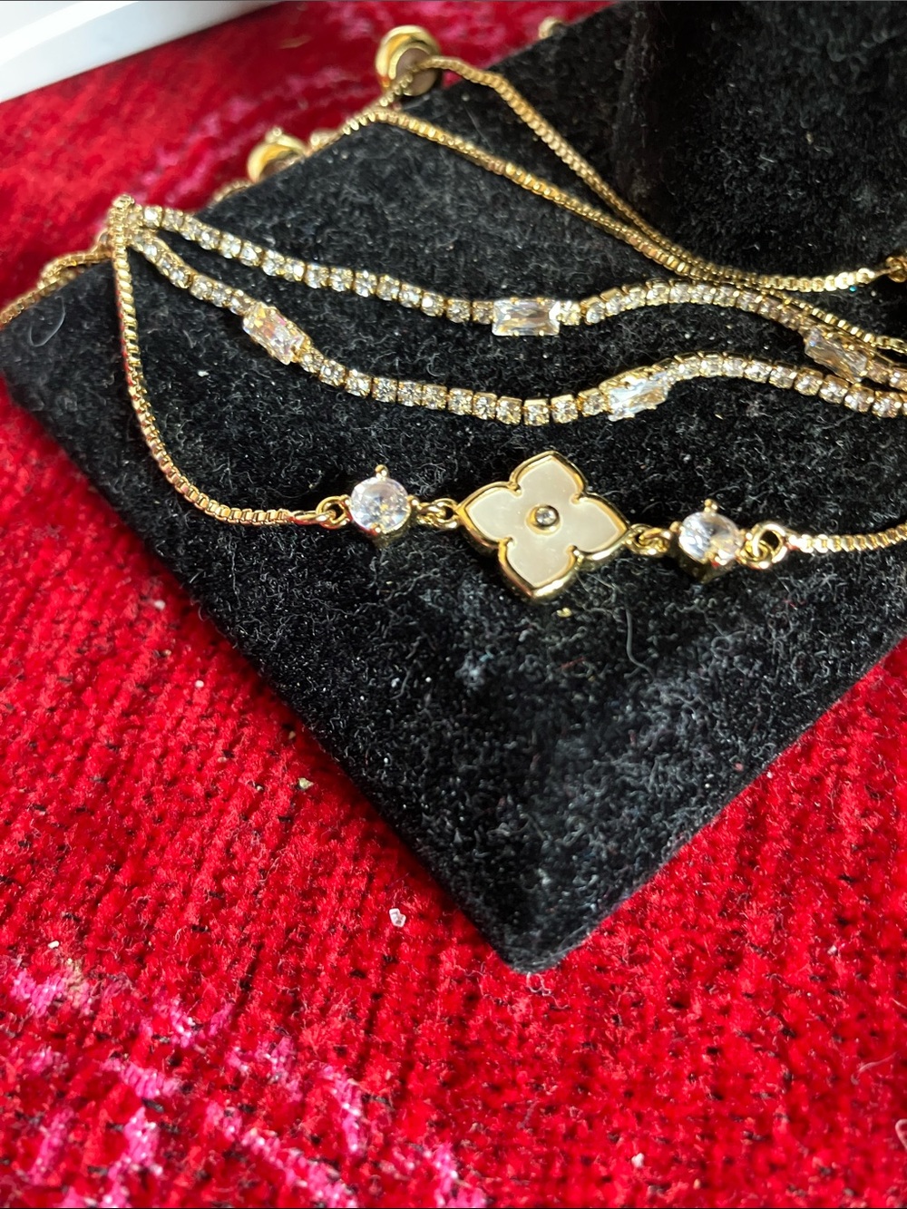 Gold-Tone White Enamel Clover & CZ Accent Bracelet Set